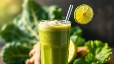 Copo de vidro alto com smoothie verde vibrante e espesso