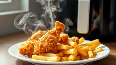 Uma porção de comida requentada na air fryer, mostrando a textura crocante e dourada que o método proporciona.