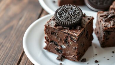 Quadrados de sobremesa de Oreo cremosa e escura, decorados com biscoito Oreo inteiro e raspas de chocolate.