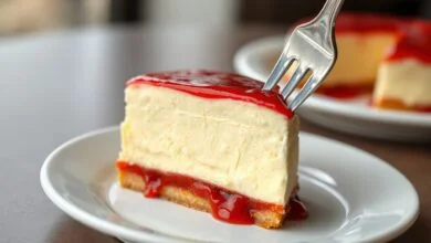Fatia generosa da sobremesa mostrando as camadas de creme branco e calda vermelha.