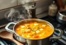 Uma panela de sopa dourada e apetitosa, com legumes e ervas, pronta para servir após a correção do sal.
