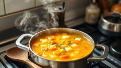 Como Consertar Caldo Salgado Em 15 Min (Sem Estragar) 7 Uma panela de sopa dourada e apetitosa, com legumes e ervas, pronta para servir após a correção do sal.