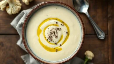 Sopa De Couve-Flor Cremosa E Aveludada Em 35 Minutos 8 Uma tigela aveludada de sopa de couve-flor, finalizada com um fio de azeite de oliva e pimenta-do-reino moída na hora.
