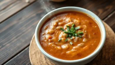 Tigela de sopa de feijão cremosa e aveludada, servida com um fio de azeite e cebolinha.