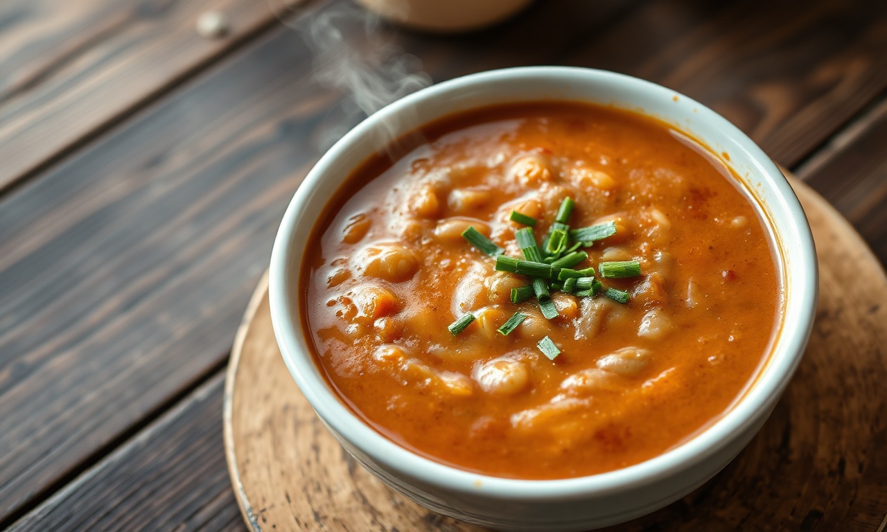 Tigela de sopa de feijão cremosa e aveludada, servida com um fio de azeite e cebolinha.