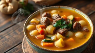 Tigela de sopa dourada e fumegante, com pedaços de carne, legumes coloridos e macarrão, finalizada com salsinha.