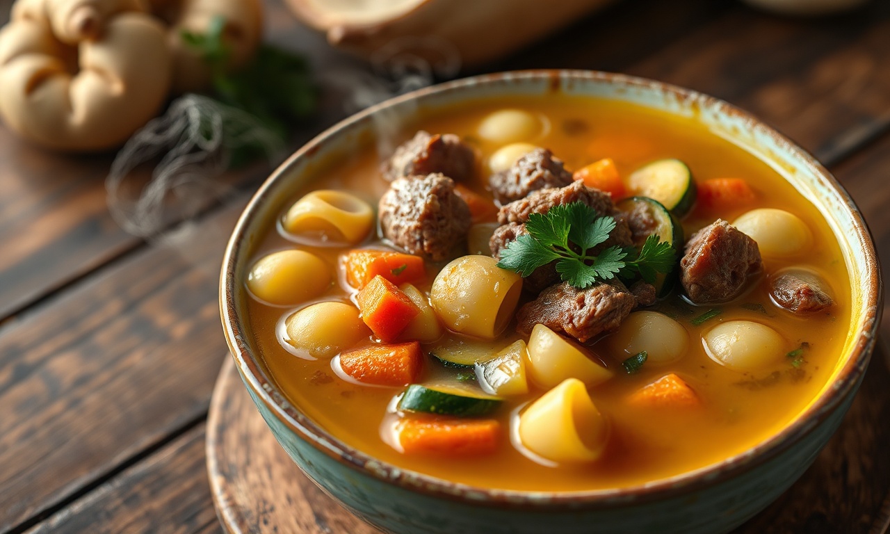 Sopa De Legumes Com Macarrão E Carne Fácil E Reconfortante 3 Tigela de sopa dourada e fumegante, com pedaços de carne, legumes coloridos e macarrão, finalizada com salsinha.