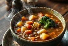 Sopa de lentilha encorpada servida em uma tigela de cerâmica com legumes aparentes