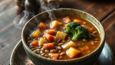 Sopa de lentilha encorpada servida em uma tigela de cerâmica com legumes aparentes