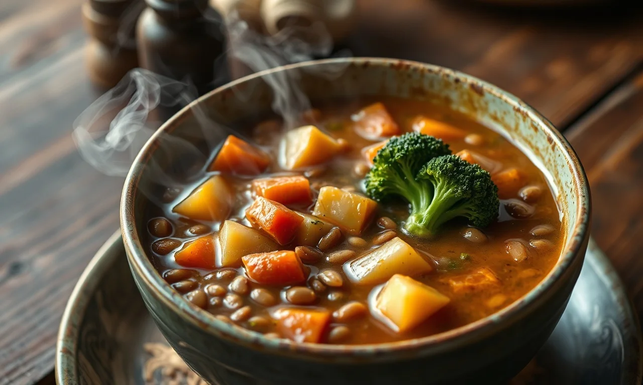 Sopa De Lentilha Nutritiva: Receita Cremosa E Fácil 3 Sopa de lentilha encorpada servida em uma tigela de cerâmica com legumes aparentes