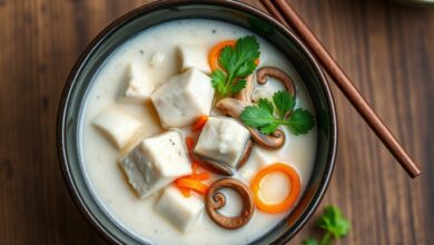 Tijela de sopa tailandesa cremosa com cubos de peixe branco, cogumelos fatiados, rodelas de cenoura e folhas de cilantro em um caldo leitoso de leite de coco.