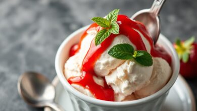 Tigela branca com sorvete de creme caseiro, textura suave e homogênea, coberto com calda de morango brilhante e folhas de hortelã fresca.
