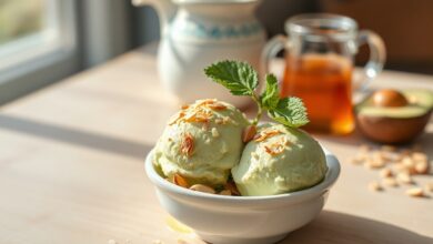 Tigela de sorvete de abacate cremoso, de cor verde-claro vibrante, coberto com amêndoas tostadas douradas, servido em um dia de verão.