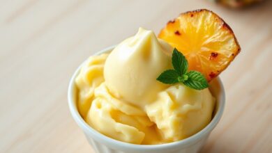Tigela elegante com sorvete de abacaxi de cor amarela suave e textura lisa e cremosa, finalizado com fatias de abacaxi caramelizado e folhas de hortelã fresca.
