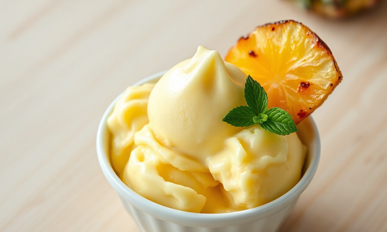 Tigela elegante com sorvete de abacaxi de cor amarela suave e textura lisa e cremosa, finalizado com fatias de abacaxi caramelizado e folhas de hortelã fresca.