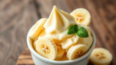 Tigela de sorvete de banana caseiro com textura aveludada, servido com fatias de banana fresca e folhas de hortelã.