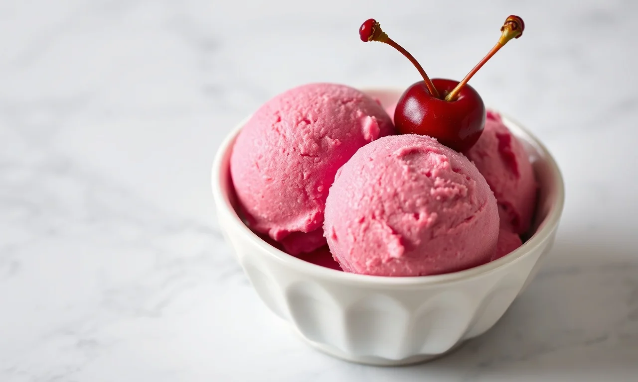 Sorvete De Cereja Caseiro Cremoso Com 5 Ingredientes 3 Tigela elegante de sorvete rosa-vibrante, com textura sedosa e guarnição de cerejas frescas, perfeita para um verão sofisticado.