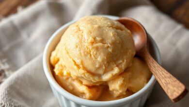 Tigela generosa de sorvete de doce de leite caseiro, com cor caramelo intenso, textura aveludada e cremosa, servido com uma colher de madeira, pronto para degustação