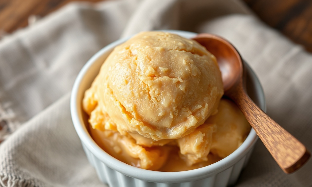Sorvete De Doce De Leite Caseiro Cremoso: Apenas 4 Ingredientes 3 Tigela generosa de sorvete de doce de leite caseiro, com cor caramelo intenso, textura aveludada e cremosa, servido com uma colher de madeira, pronto para degustação