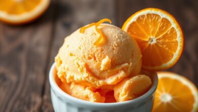 Uma tigela de sorvete de laranja vibrante, cremoso e com raspas de laranja fresca por cima.