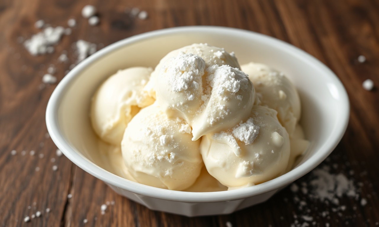 Sorvete De Leite Ninho Cremoso Com Apenas 3 Ingredientes 3 Porção generosa de sorvete de leite Ninho caseiro em uma travessa branca, com textura aerada e cremosa, cor creme claro, finalizado com raspas de leite Ninho