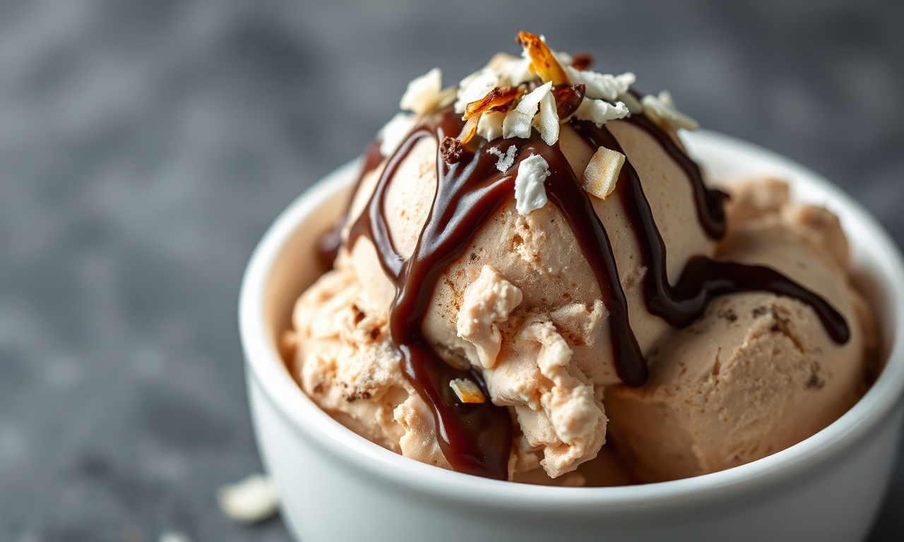 Porção generosa de sorvete prestígio cremoso em tigela de cerâmica, com calda de chocolate e flocos de coco.