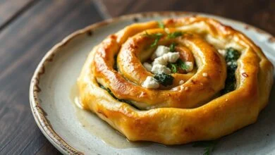 Uma torta salgada em formato de espiral, com camadas de massa filo dourada e estaladiça, onde se vê o recheio verde-escuro de espinafre e o branco granulado do tofu.