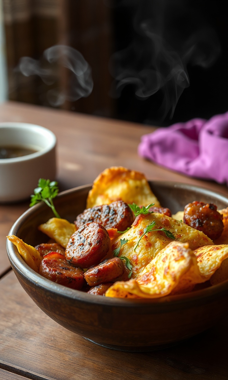 Farofa soltinha e dourada com pedaços de bacon e calabresa em uma tigela rústica.