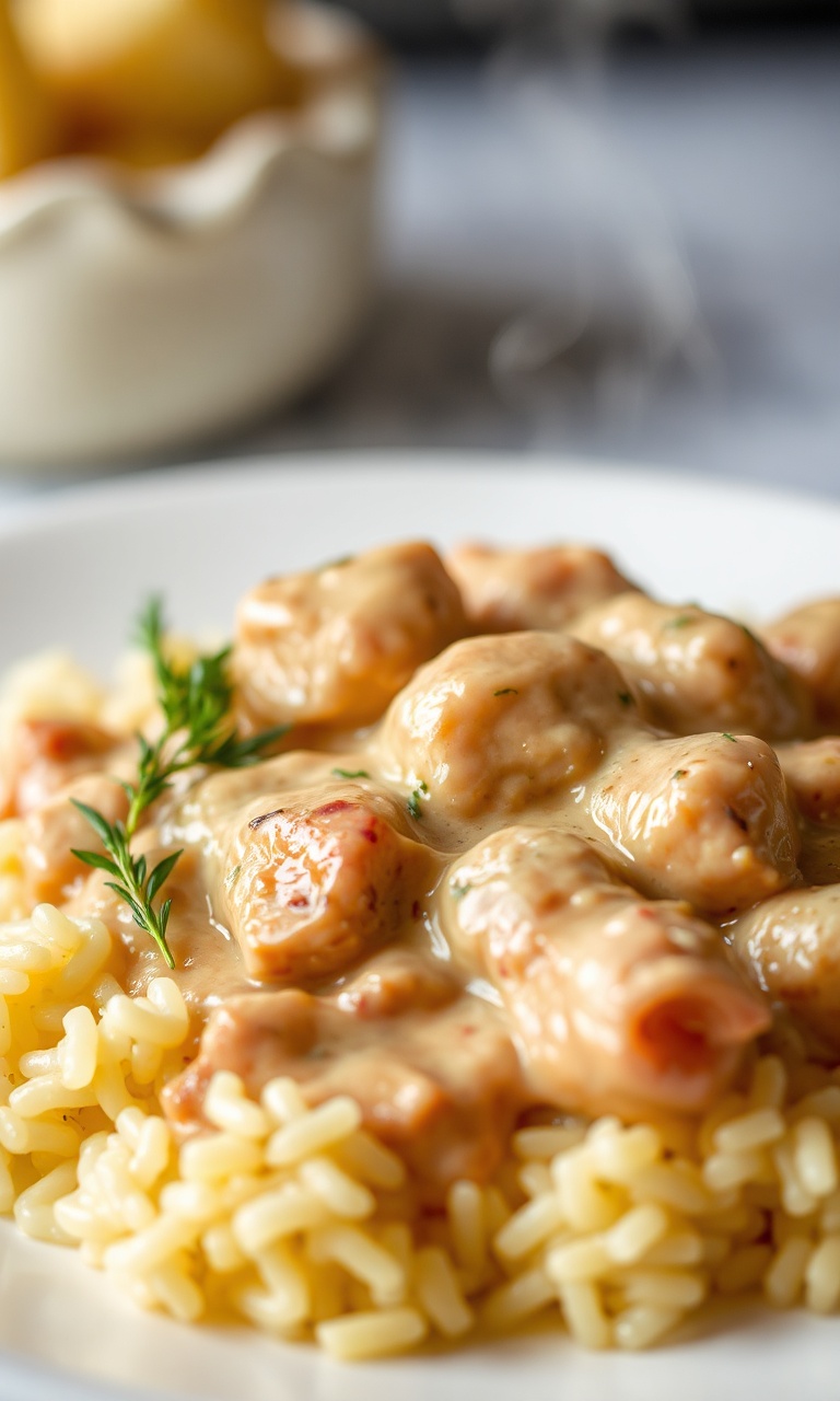 Prato de strogonoff com arroz e batata palha