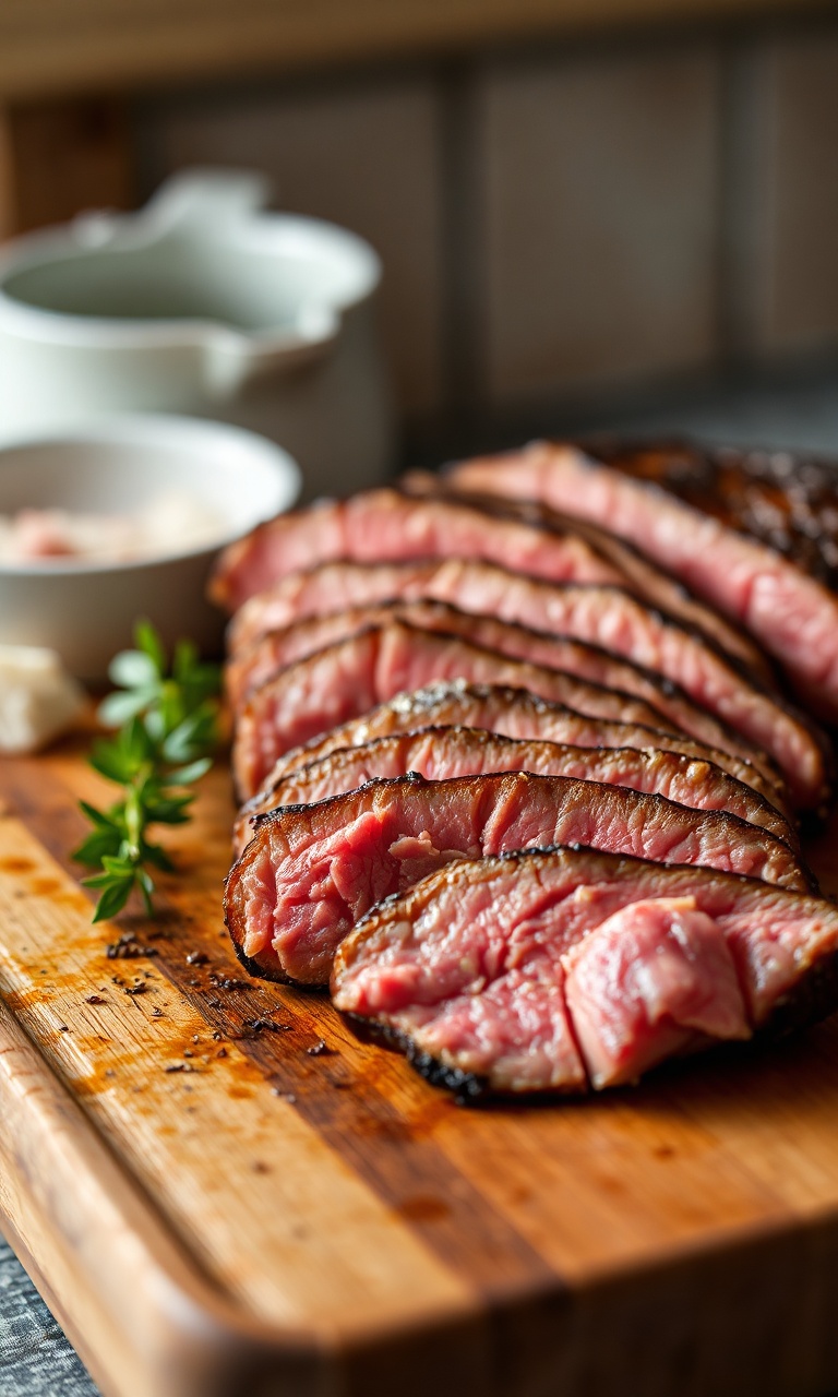 Corte de carne macio e dourado, fatiado para mostrar textura suculenta por dentro