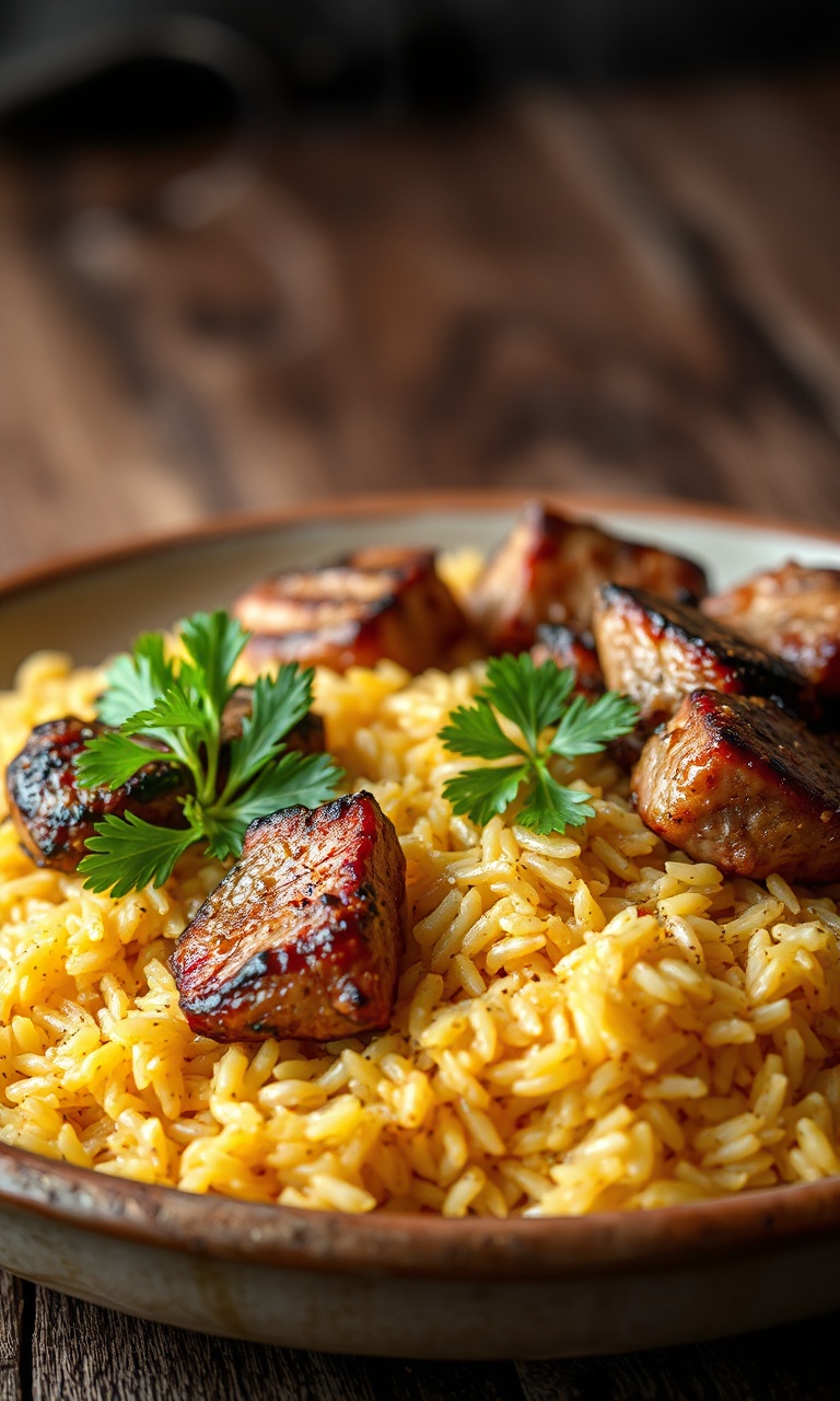 Um prato farto de arroz carreteiro com grãos dourados e soltos, pedaços generosos de carne de churrasco e toques de salsinha fresca.