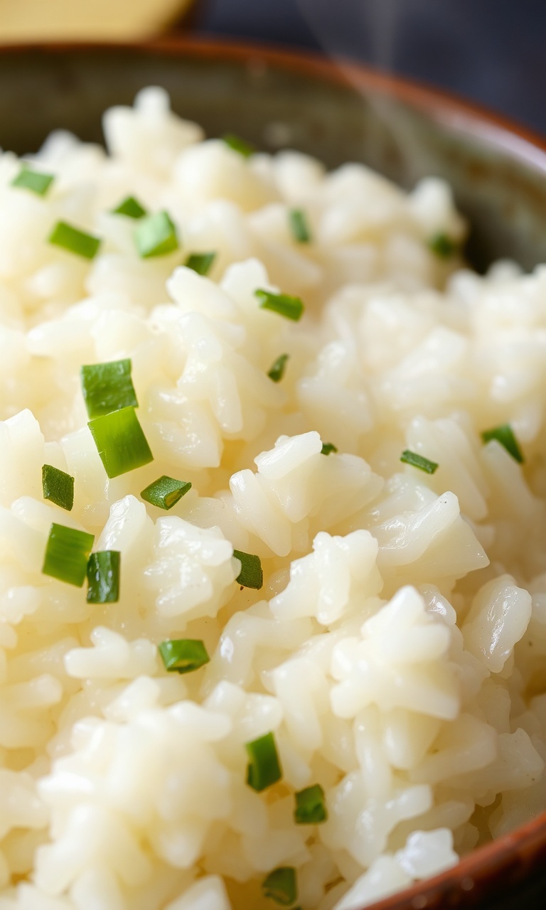 Prato de arroz branco cremoso e brilhante com ervas