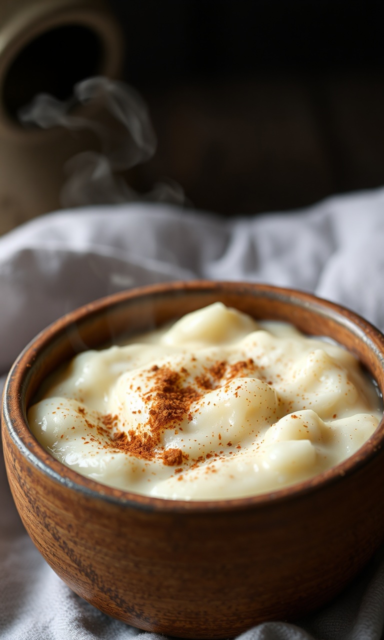 Taça rústica com arroz doce cremoso decorado com canela