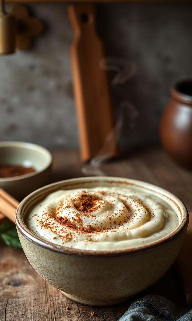 Uma travessa de arroz doce cremoso polvilhado com canela em pó