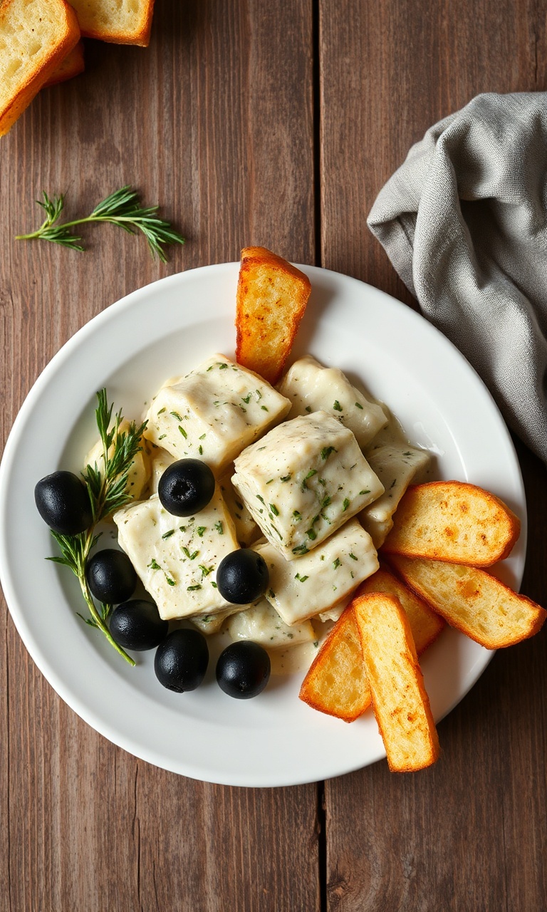 Prato de Bacalhau à Brás cremoso e dourado com azeitonas pretas e salsinha.