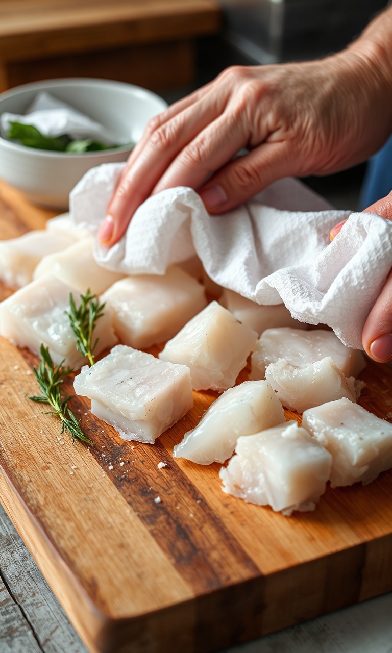 Postas de bacalhau sendo secas com papel toalha em tábua de madeira.