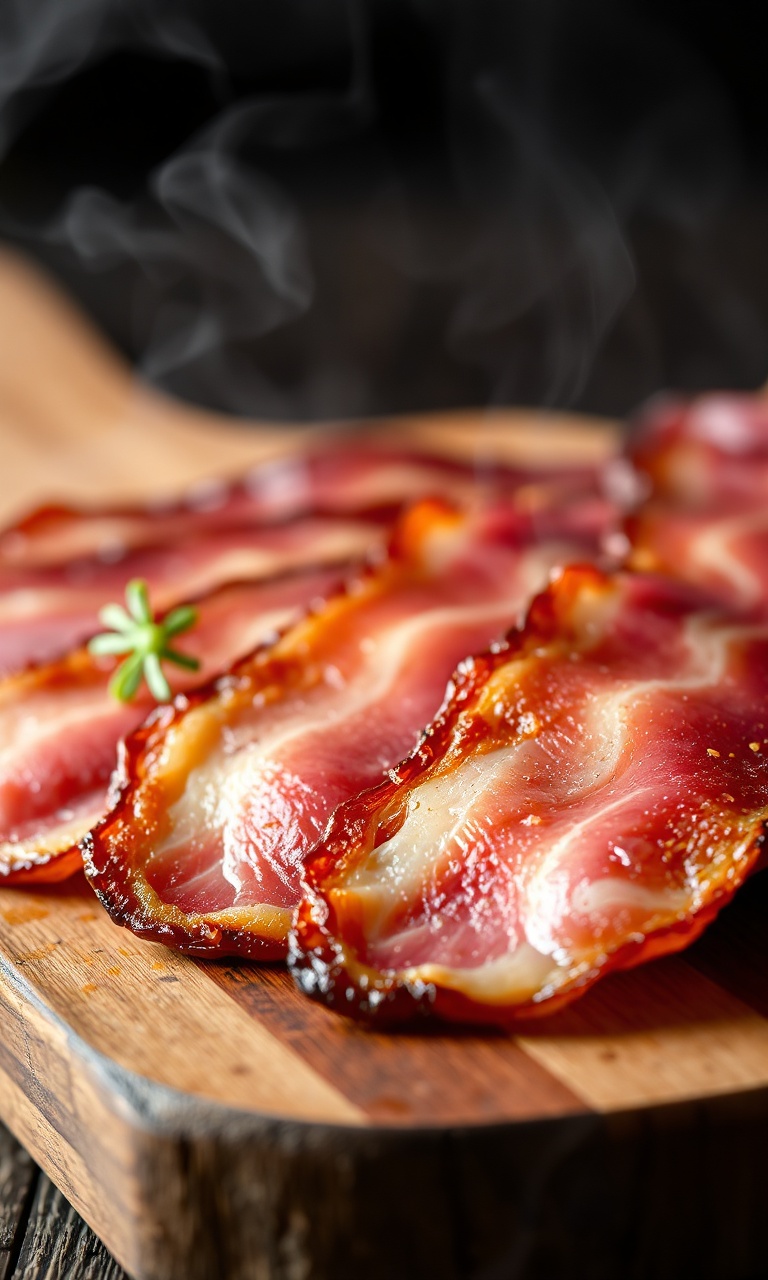 Fatias grossas de bacon artesanal defumado com bordas douradas e centro rosado sobre tábua de madeira rústica.