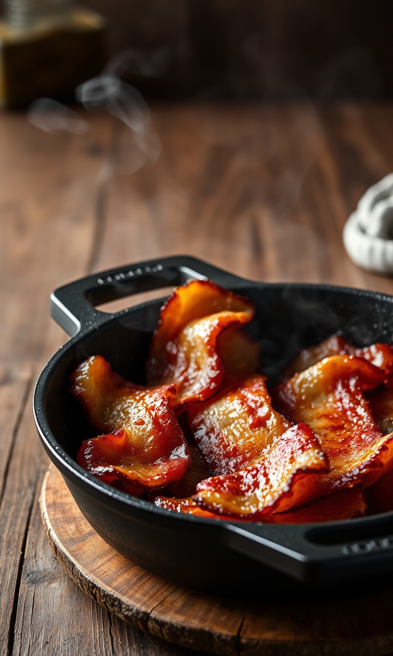 Fatias douradas e crocantes de bacon em uma frigideira de ferro.