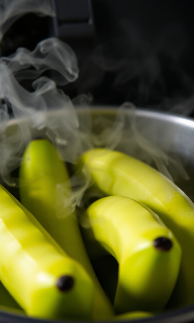 Bananas verdes inteiras cozidas com a casca rachada