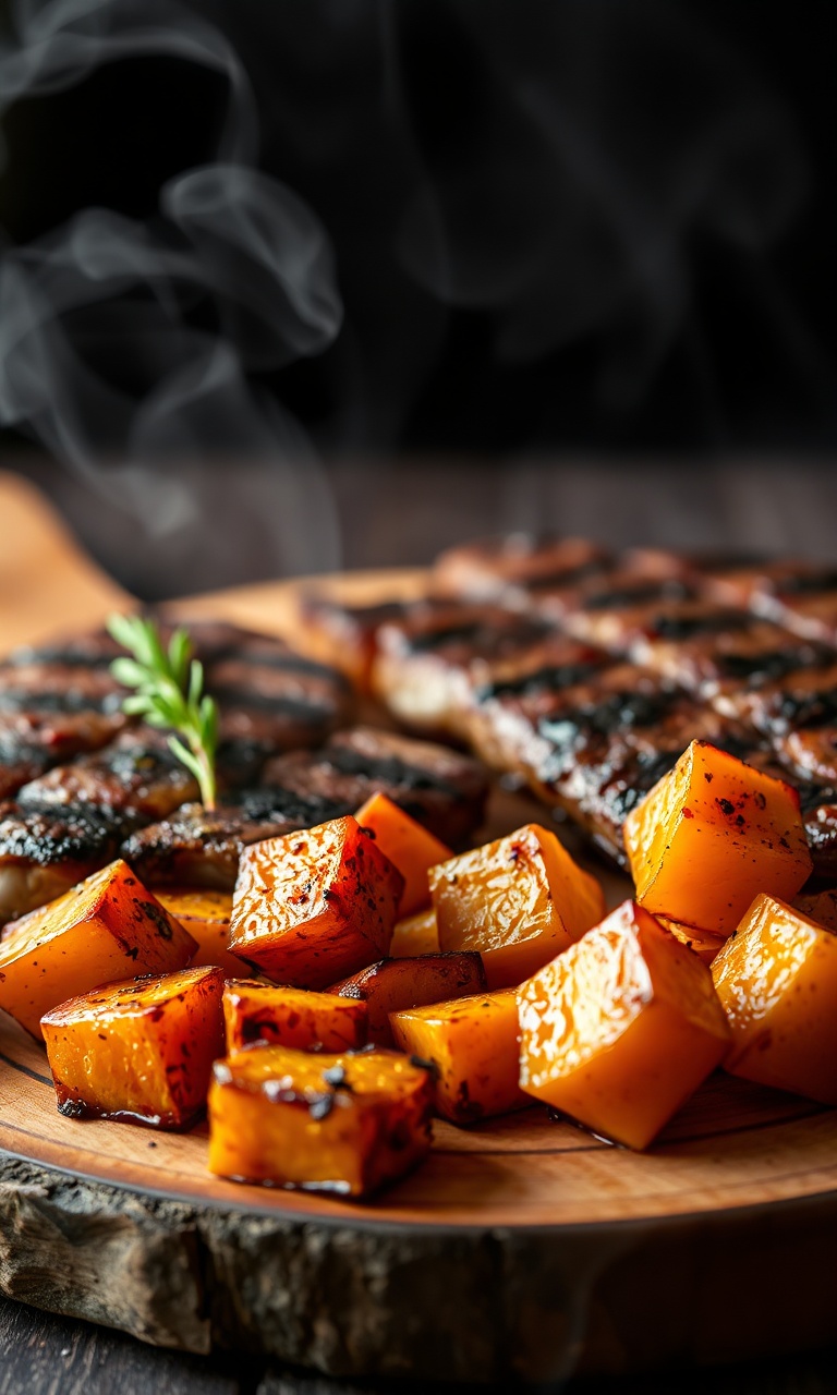 Cubos de batata doce dourados ao lado de fatias de carne grelhada, prato colorido e apetitoso.