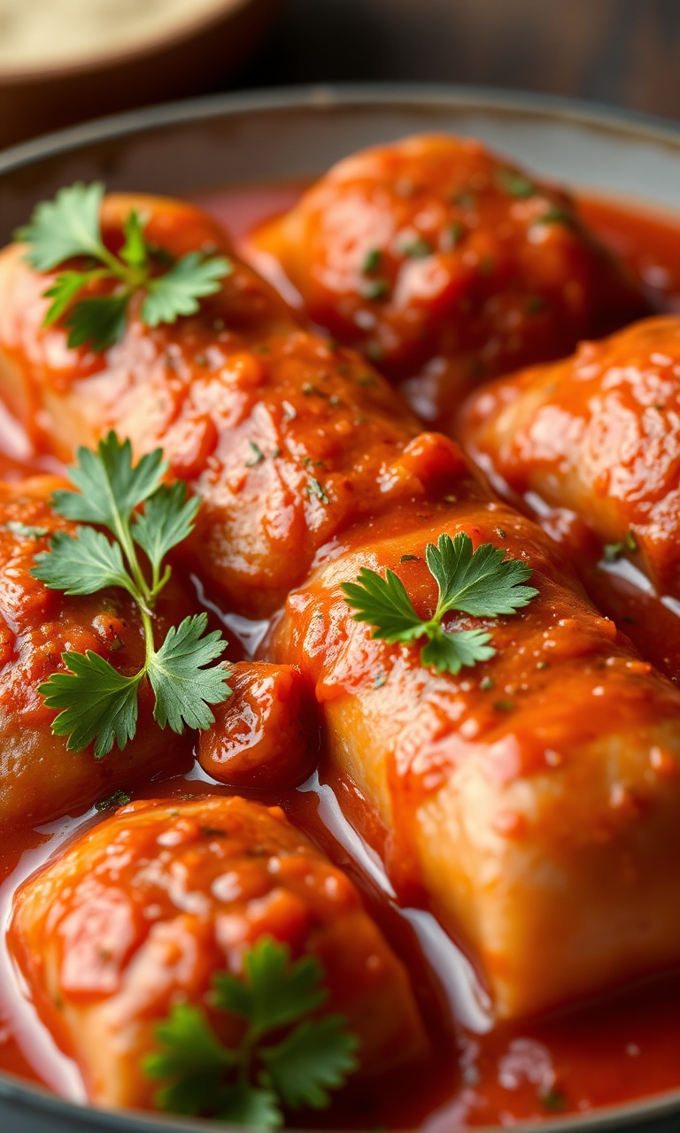 Rolinhos de carne dourados mergulhados em um molho de tomate rico e encorpado