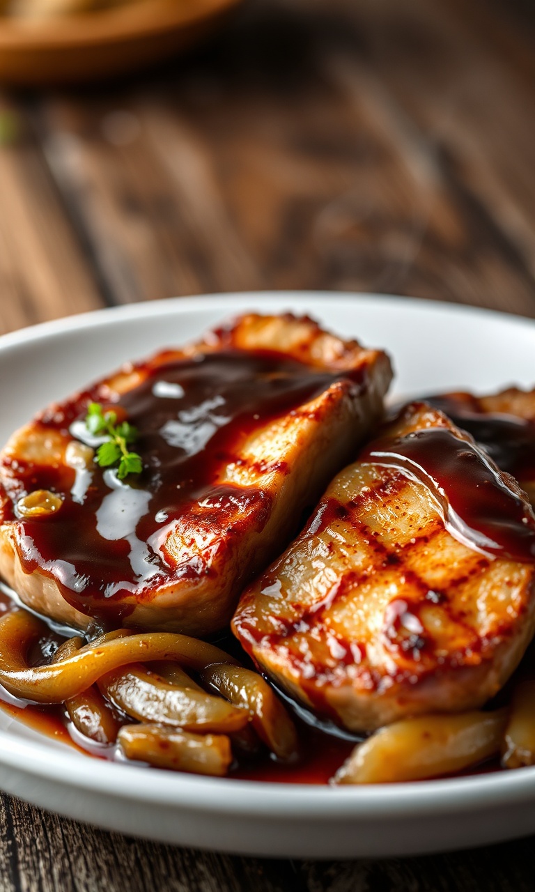 Bistecas de porco douradas e macias, cobertas por um molho de shoyu escuro, encorpado e brilhante, com fatias de cebola caramelizada, servidas em um prato branco sobre uma mesa de madeira rústica.