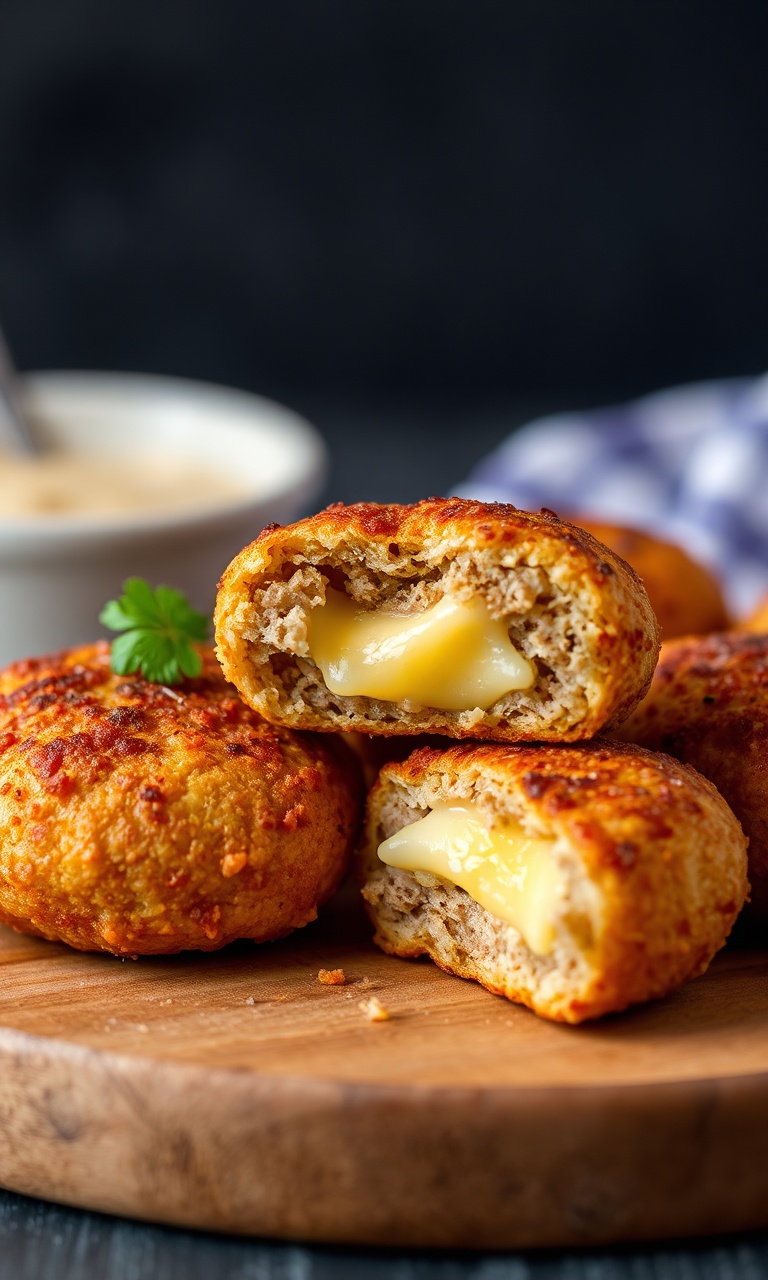 Bolinhos de carne dourados e crocantes com recheio de queijo derretido