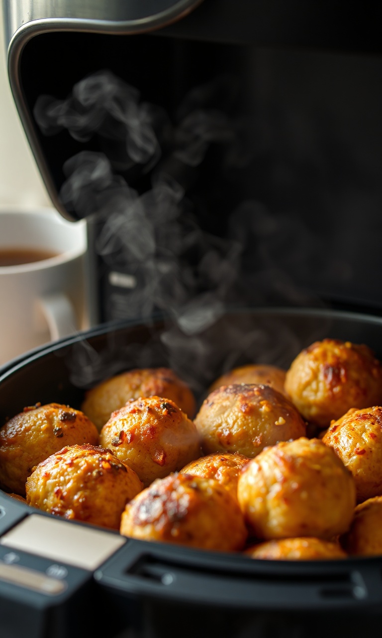 Bolinhos de carne dourados e crocantes em uma cesta de airfryer