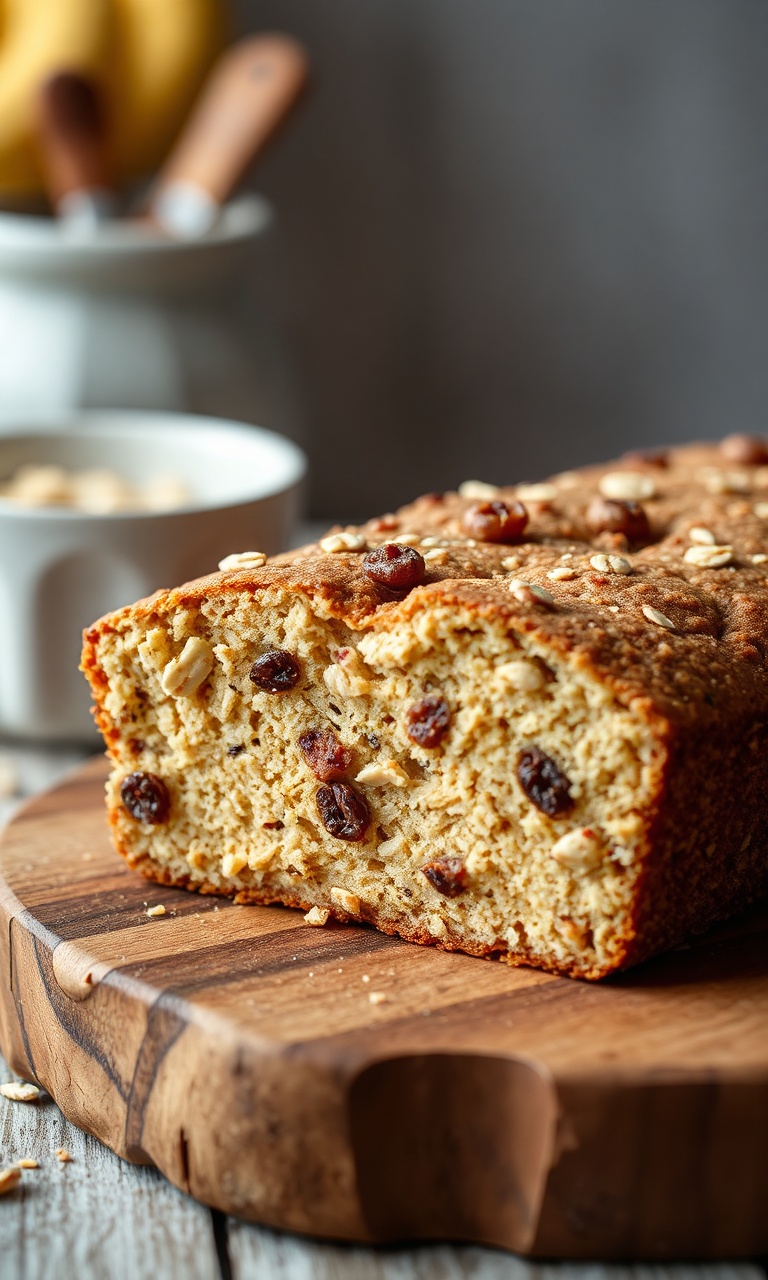 Bolo de banana com aveia fatiado, mostrando a textura macia com passas.