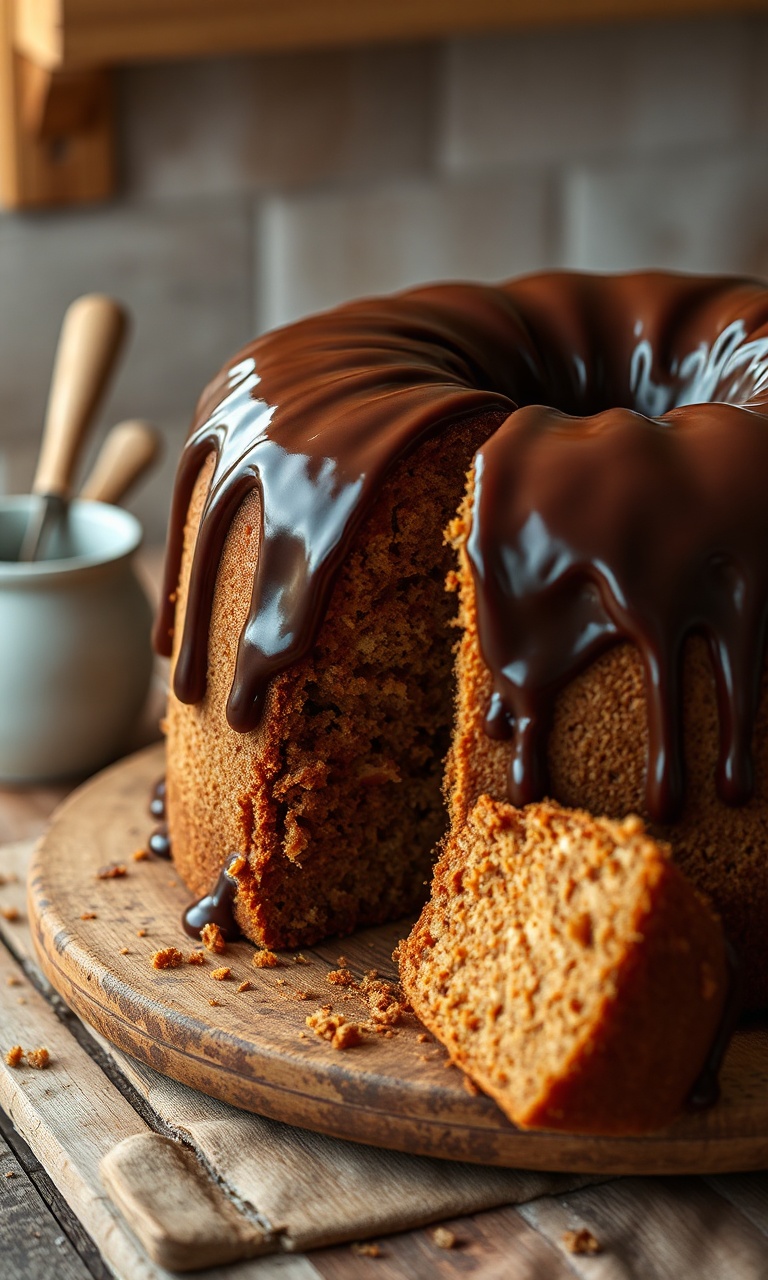 Bolo de cenoura inteiro com cobertura de chocolate derretido, fatiado para mostrar a textura macia.