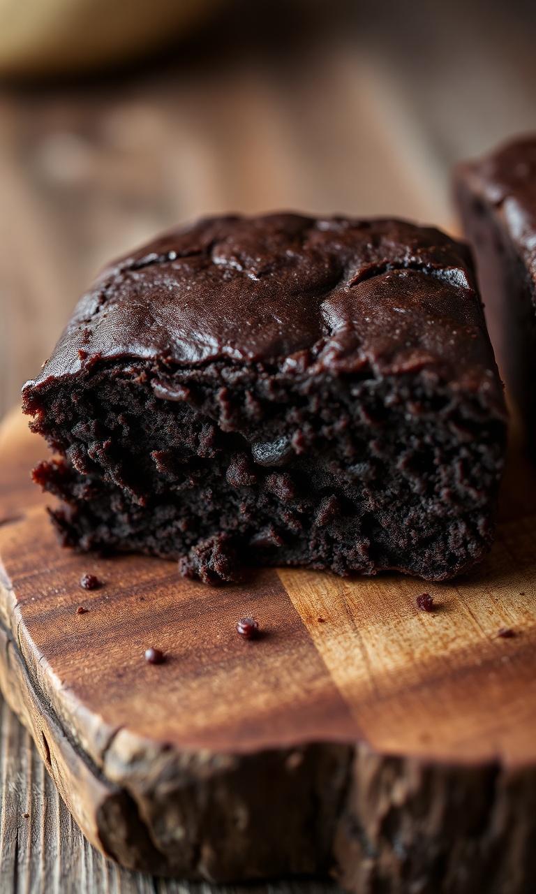 Bolo de chocolate escuro fatiado mostrando textura macia e úmida sobre superfície de madeira rústica
