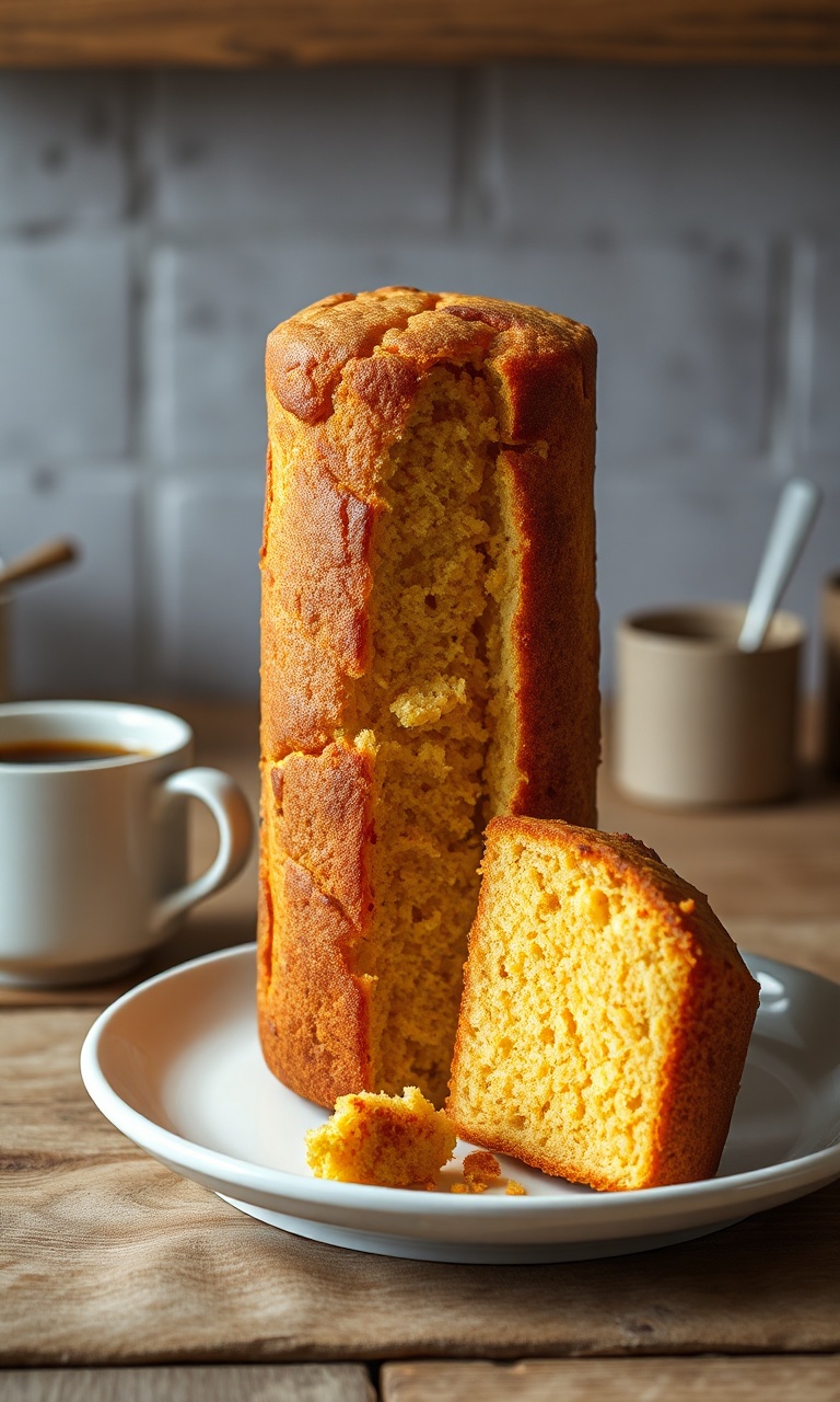 Bolo de fubá dourado e alto, com casquinha rachada no topo, fatiado para revelar o miolo úmido e amarelo, servido em prato branco ao lado de xícara de café
