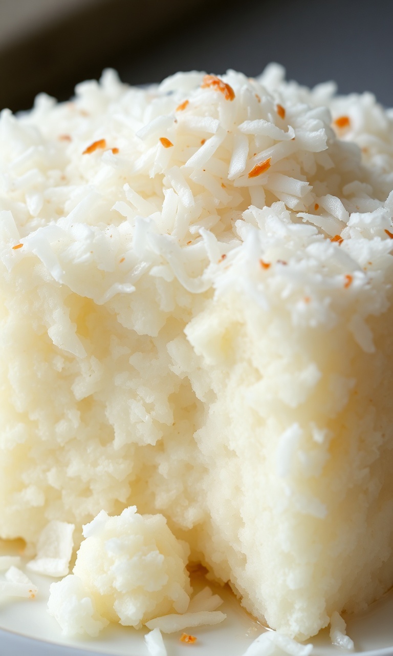 Bolo de tapioca branco com cobertura de coco e leite condensado
