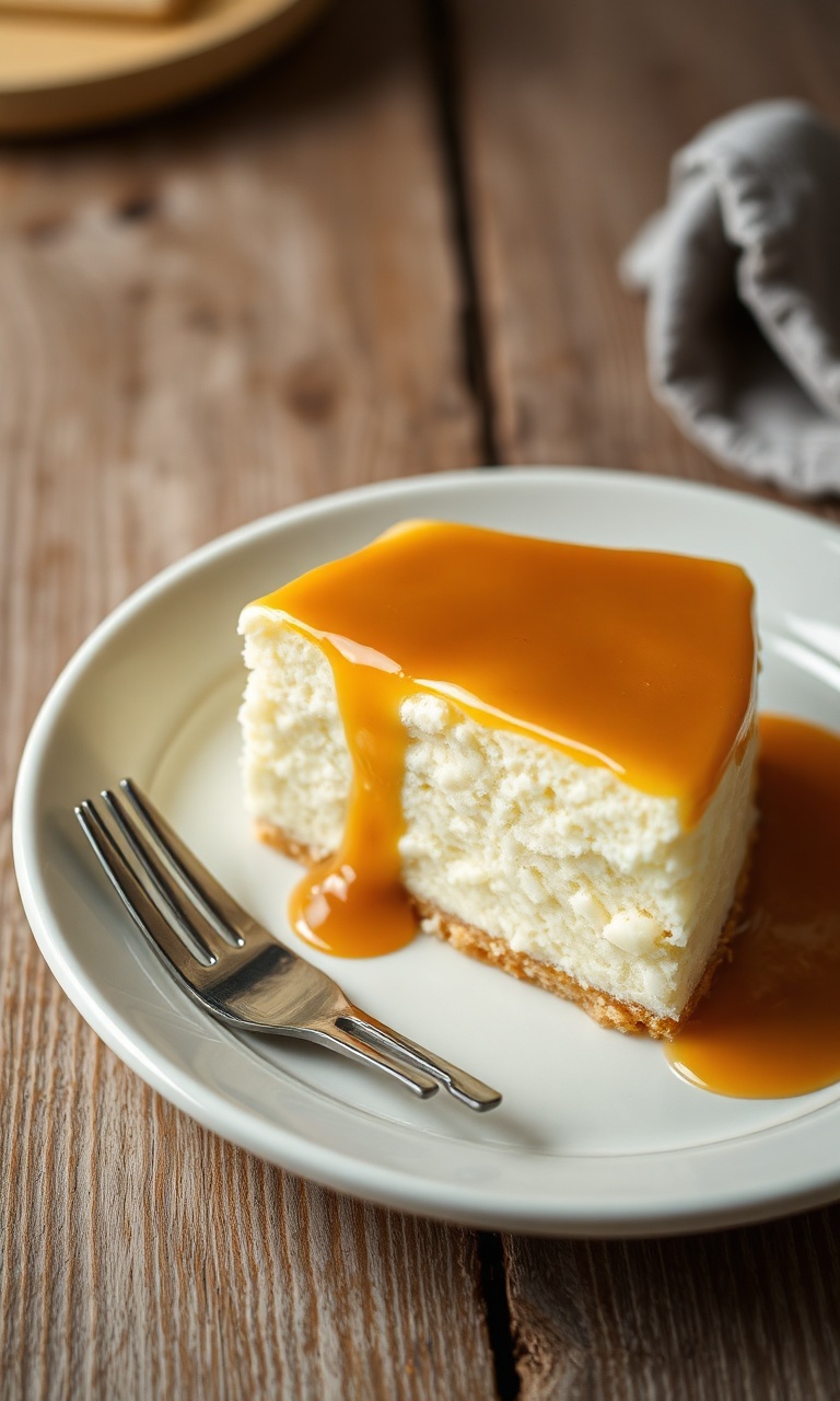Bolo gelado de tapioca fatiado com cobertura caramelizada de leite condensado em prato branco sobre mesa rústica